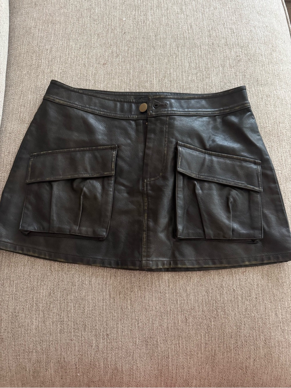 Leather Mini Skirt with Front Patch Pockets